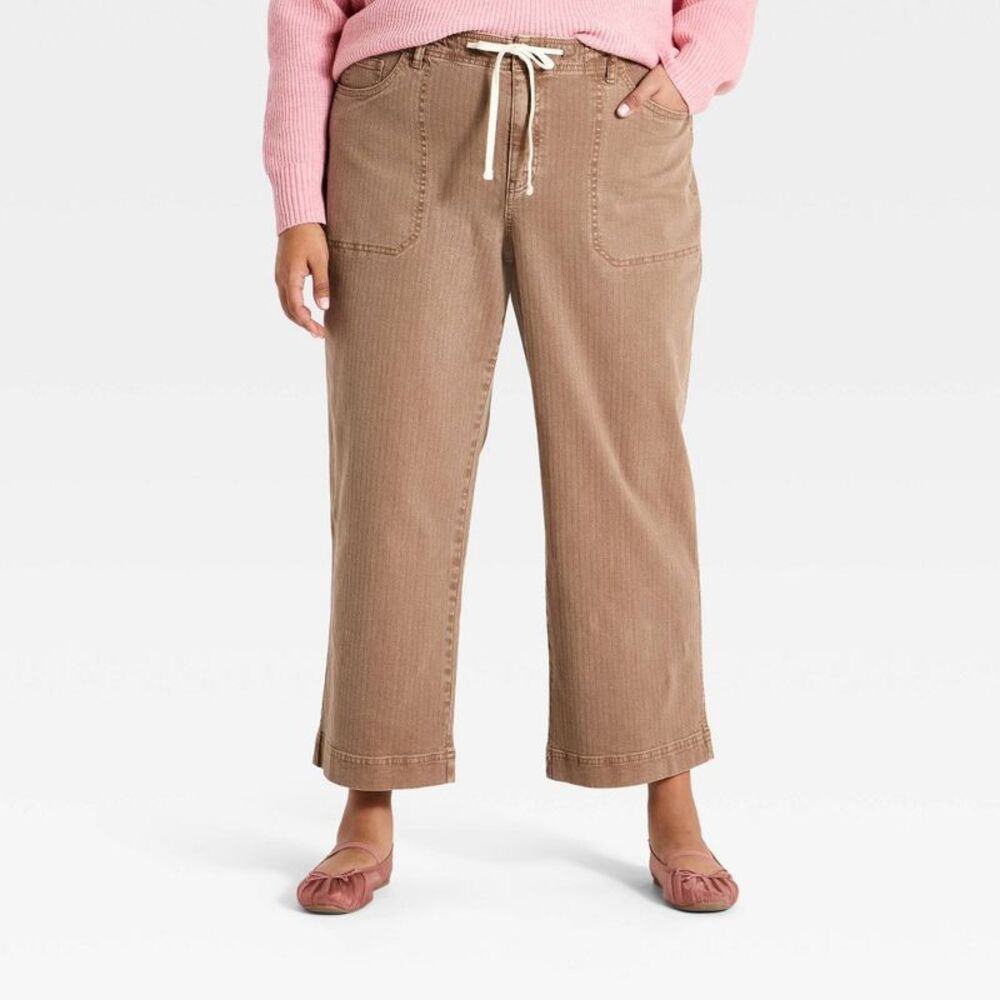 Women's Plus High-Rise Cropped Straight Leg Tie-Front Pants - Ava & Viv Tan 17